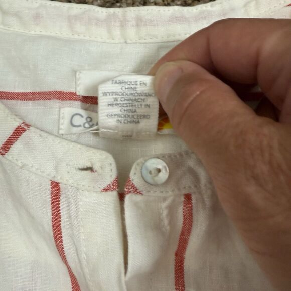 C&C California Red Striped 100% Linen Button Down Sleeveless Shirt Womens Large - Picture 5 of 9